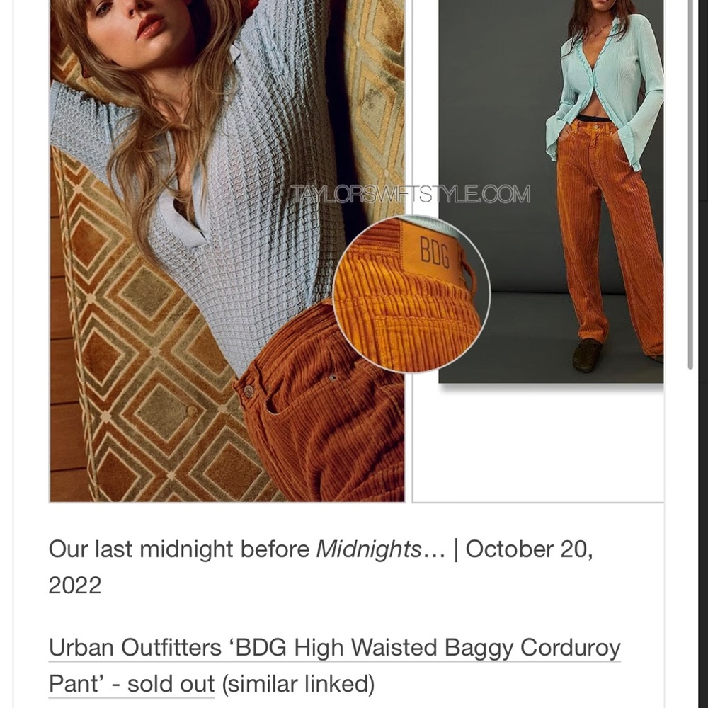 Taylor Swift midnights promo photos BDG high rise baggy fit corduroy pants!